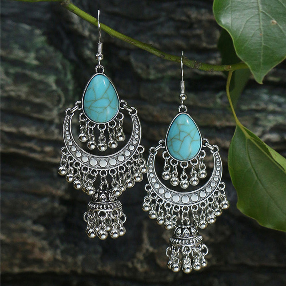 Vintage Turquoise Earrings For Women Antique Silver Bell Tassel Bohemian Retro Indian
