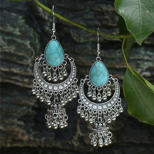 Vintage Turquoise Earrings For Women Antique Silver Bell Tassel Bohemian Retro Indian
