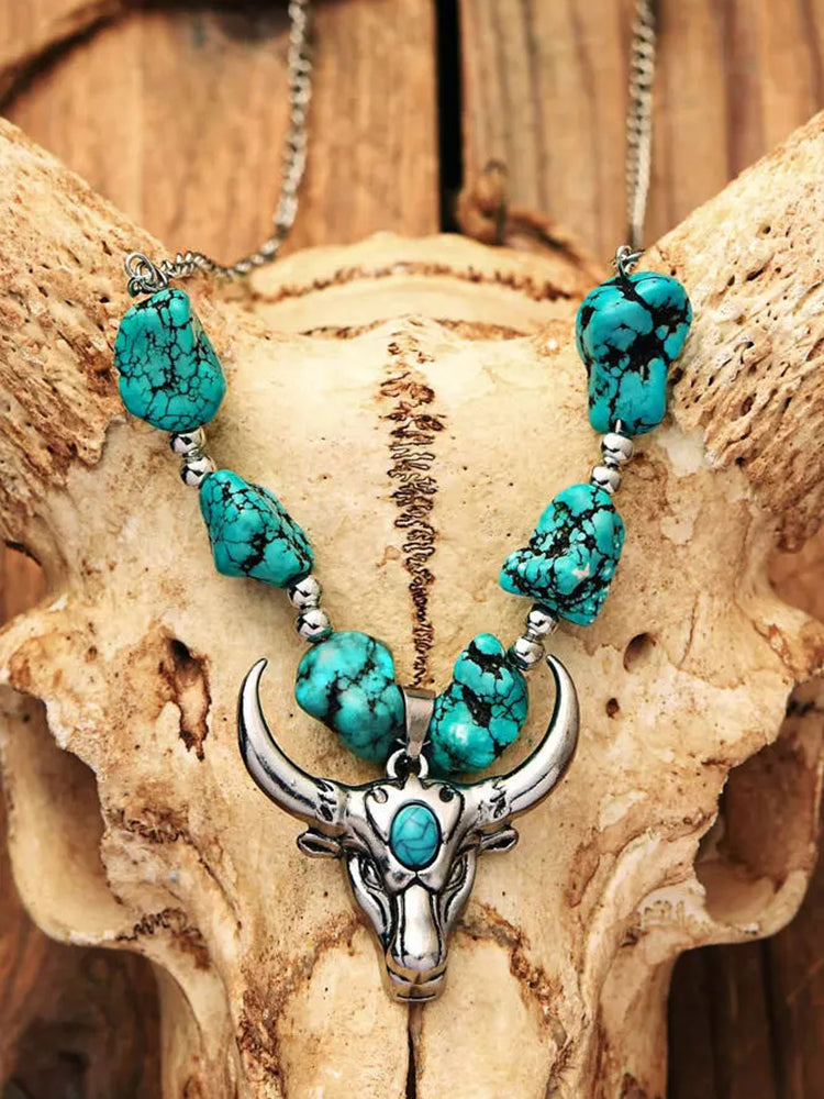 New Turquoise Steer Skull Pendant Necklace For Women
